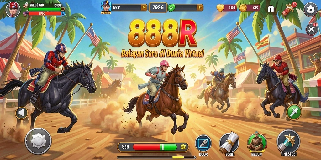 Screenshot gameplay <strong>888R</strong> menunjukkan balapan mendebarkan di trek terlihat.