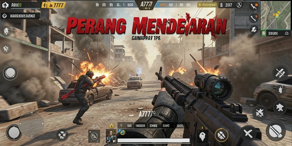 Tampilan seru dari gameplay A7777 dalam pertempuran TPS.