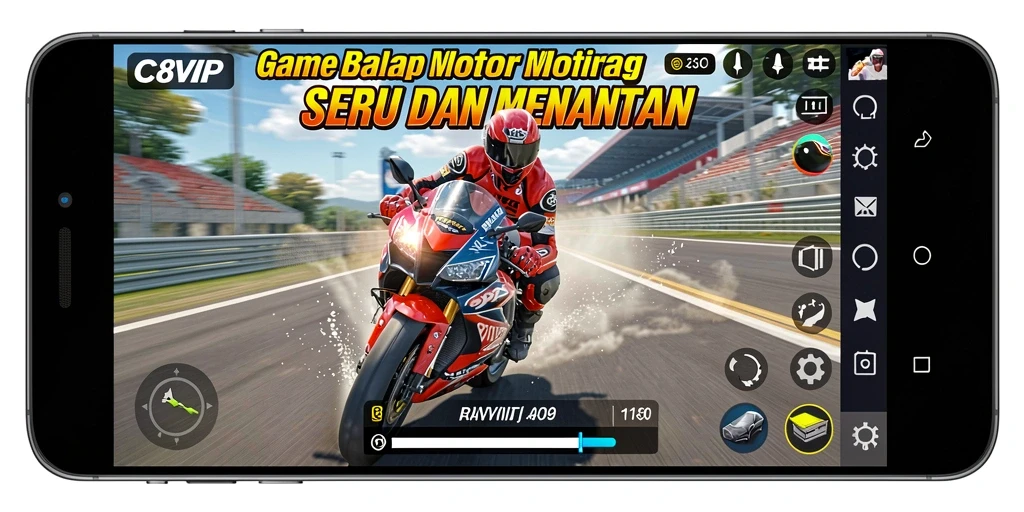 Screenshot gameplay C8VIP dengan aksi balap motor yang intens.