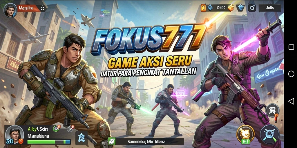 Screenshot utama FOKUS777 menampilkan aksi intens dan karakter yang dinamis.
