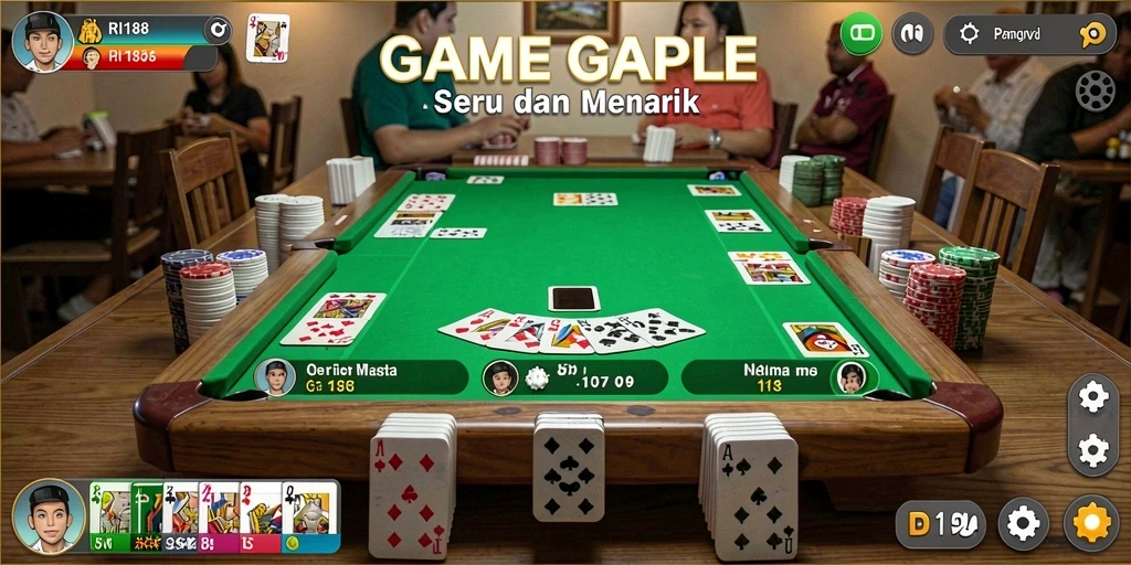 Screenshot utama RI188 menampilkan gameplay Gaple yang seru dan interaktif.