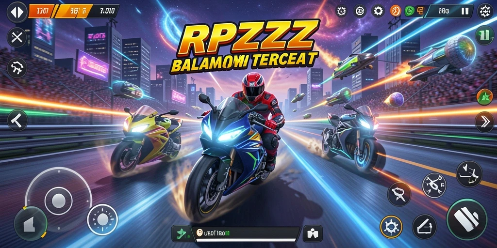 Screenshot gameplay RPZZZ menampilkan balapan motor yang mendebarkan dan grafis yang menawan.